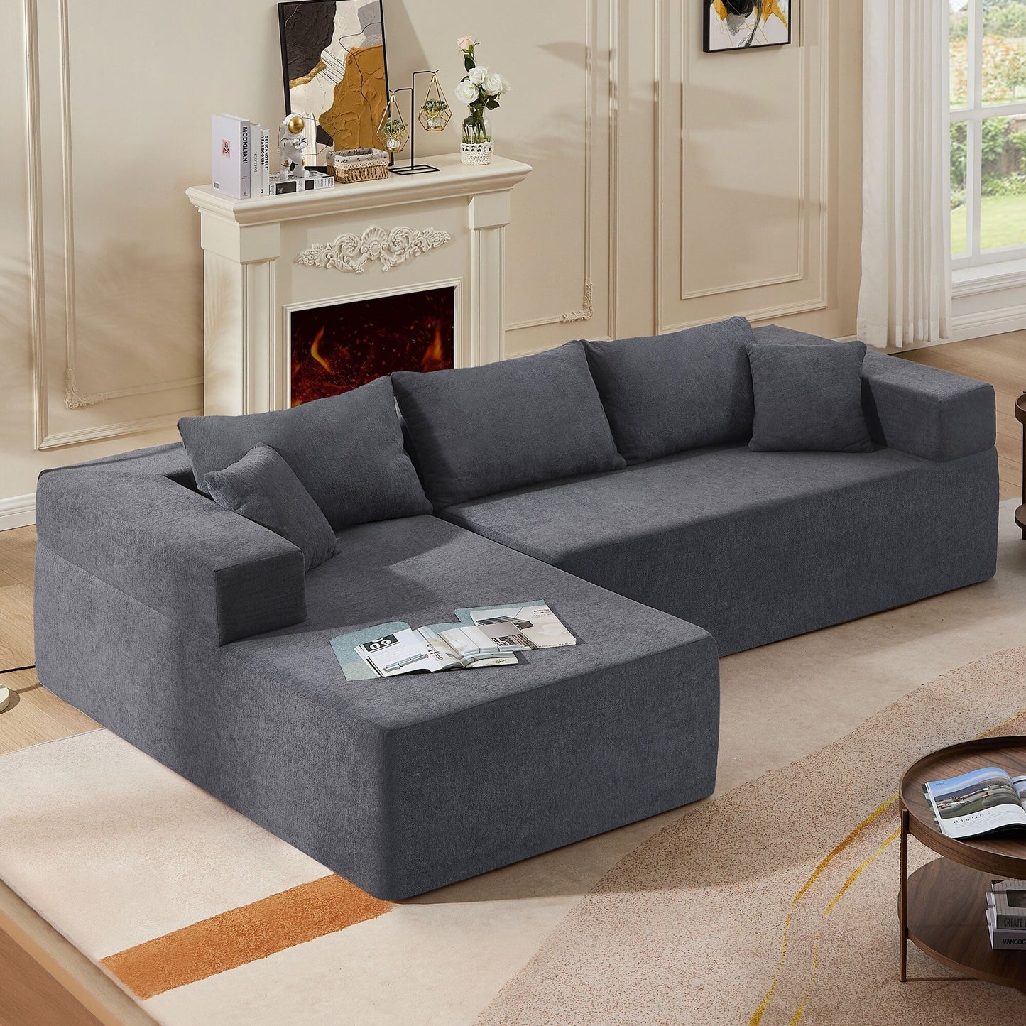 Grey 107.48'' L-Shaped Fabric 3-Seater Sectional Sofa with 16.53'' Cushions and Chaise, 2-Piece Design