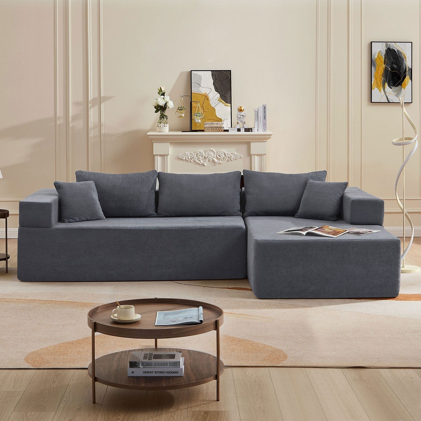 Grey 107.48'' L-Shaped Fabric 3-Seater Sectional Sofa with 16.53'' Cushions and Chaise, 2-Piece Design