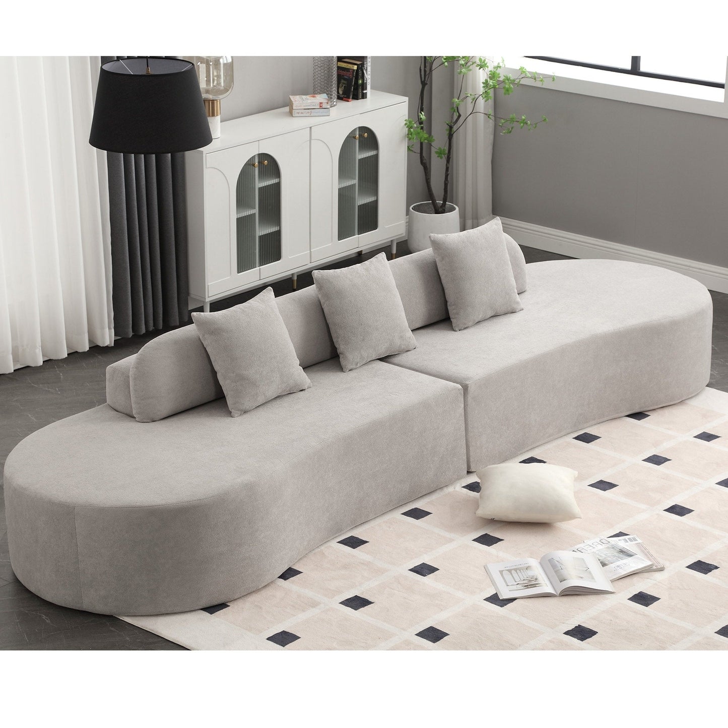 Grey 130.5 Curved Modular Sofa with Ergonomic High-Resilience Fabric and 3 Pillows
