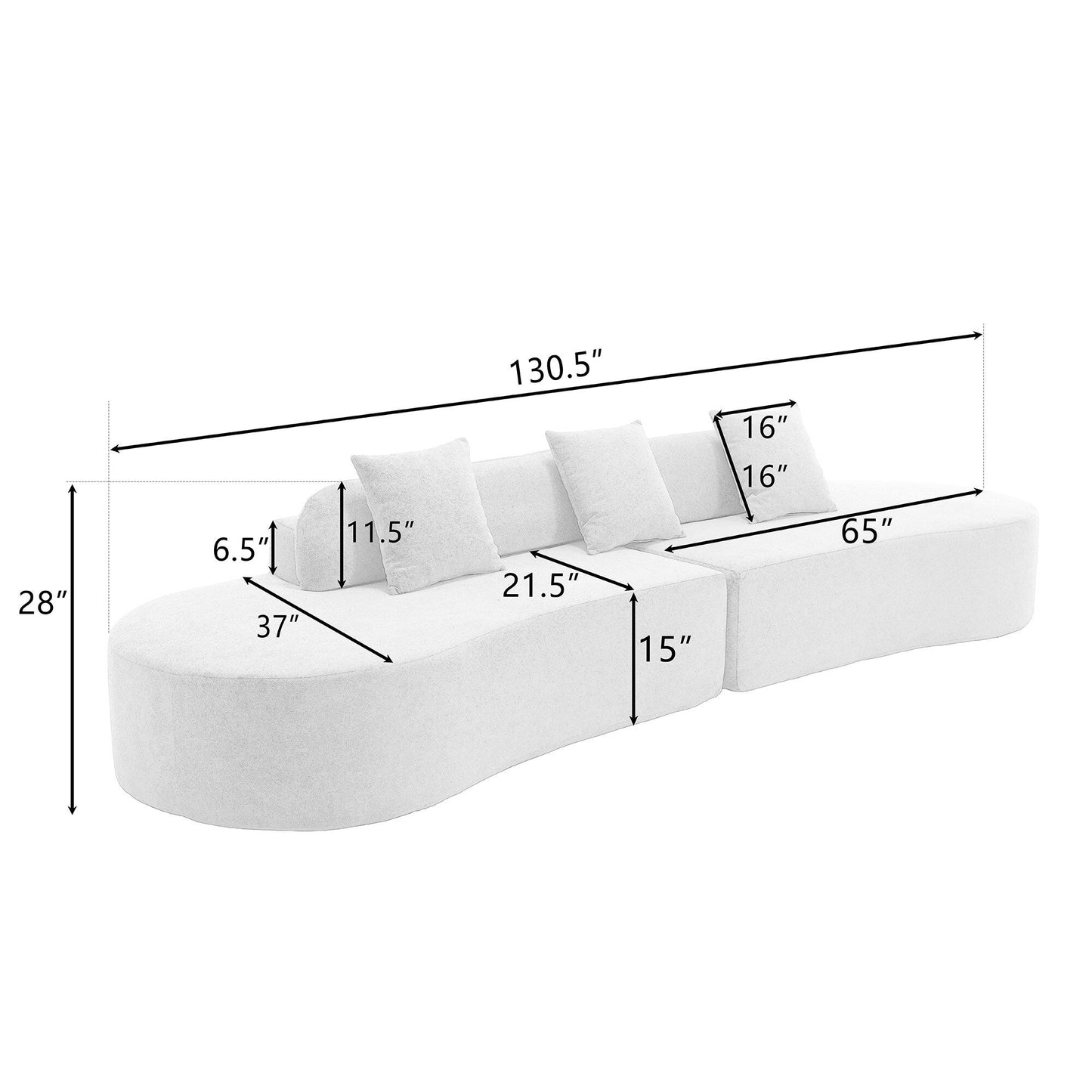 Grey 130.5 Curved Modular Sofa with Ergonomic High-Resilience Fabric and 3 Pillows