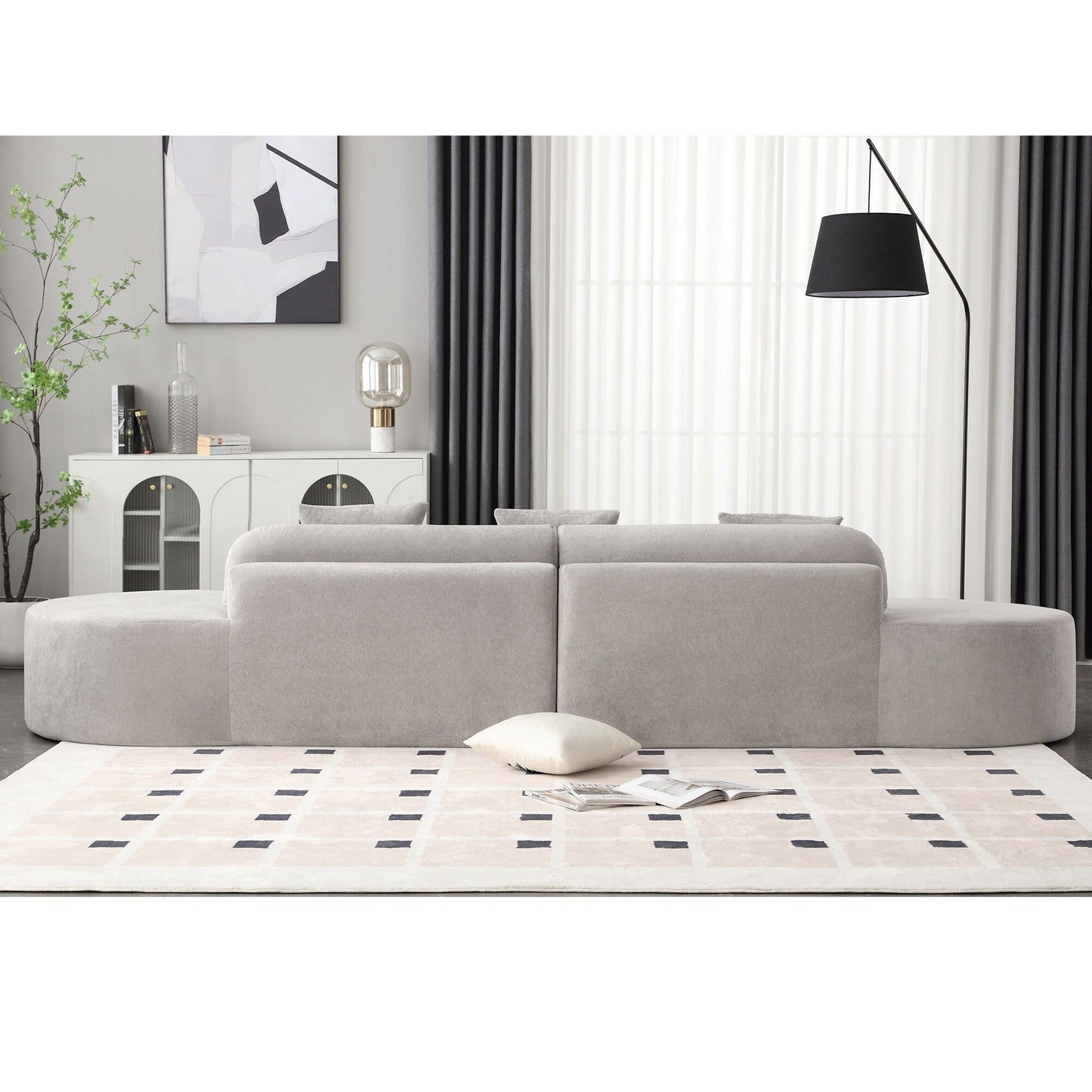 Grey 130.5 Curved Modular Sofa with Ergonomic High-Resilience Fabric and 3 Pillows