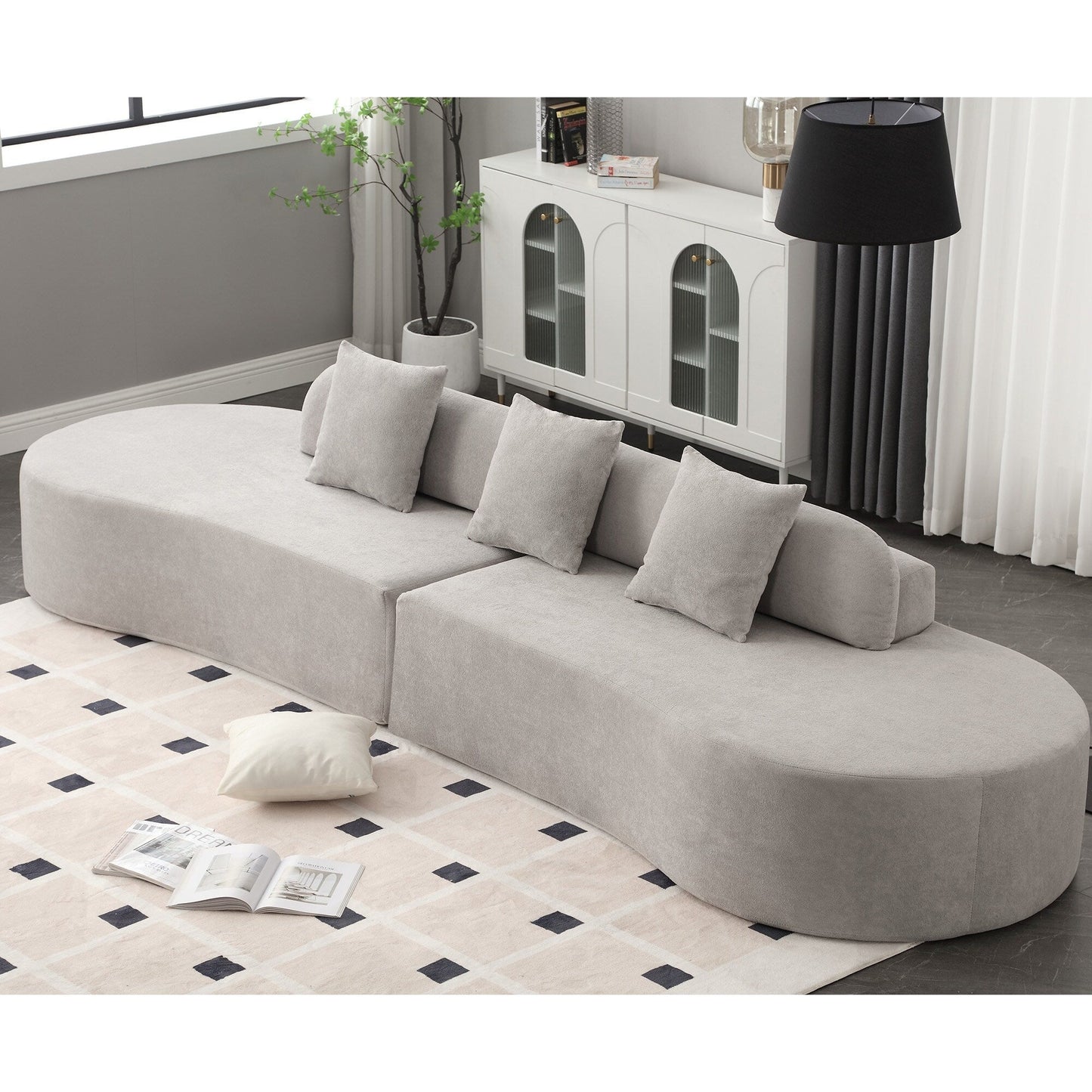 Grey 130.5 Curved Modular Sofa with Ergonomic High-Resilience Fabric and 3 Pillows