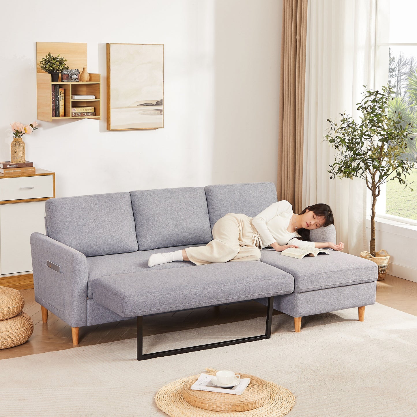 Grey 28.35'' Adjustable Fabric 3-Seater Sleeper Sofa with Pull-Out Bed, Chaise, and Armrest Storage Pockets