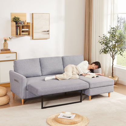Grey 28.35'' Adjustable Fabric 3-Seater Sleeper Sofa with Pull-Out Bed, Chaise, and Armrest Storage Pockets