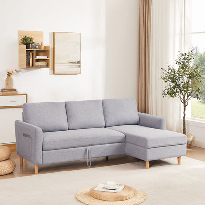 Grey 28.35'' Adjustable Fabric 3-Seater Sleeper Sofa with Pull-Out Bed, Chaise, and Armrest Storage Pockets