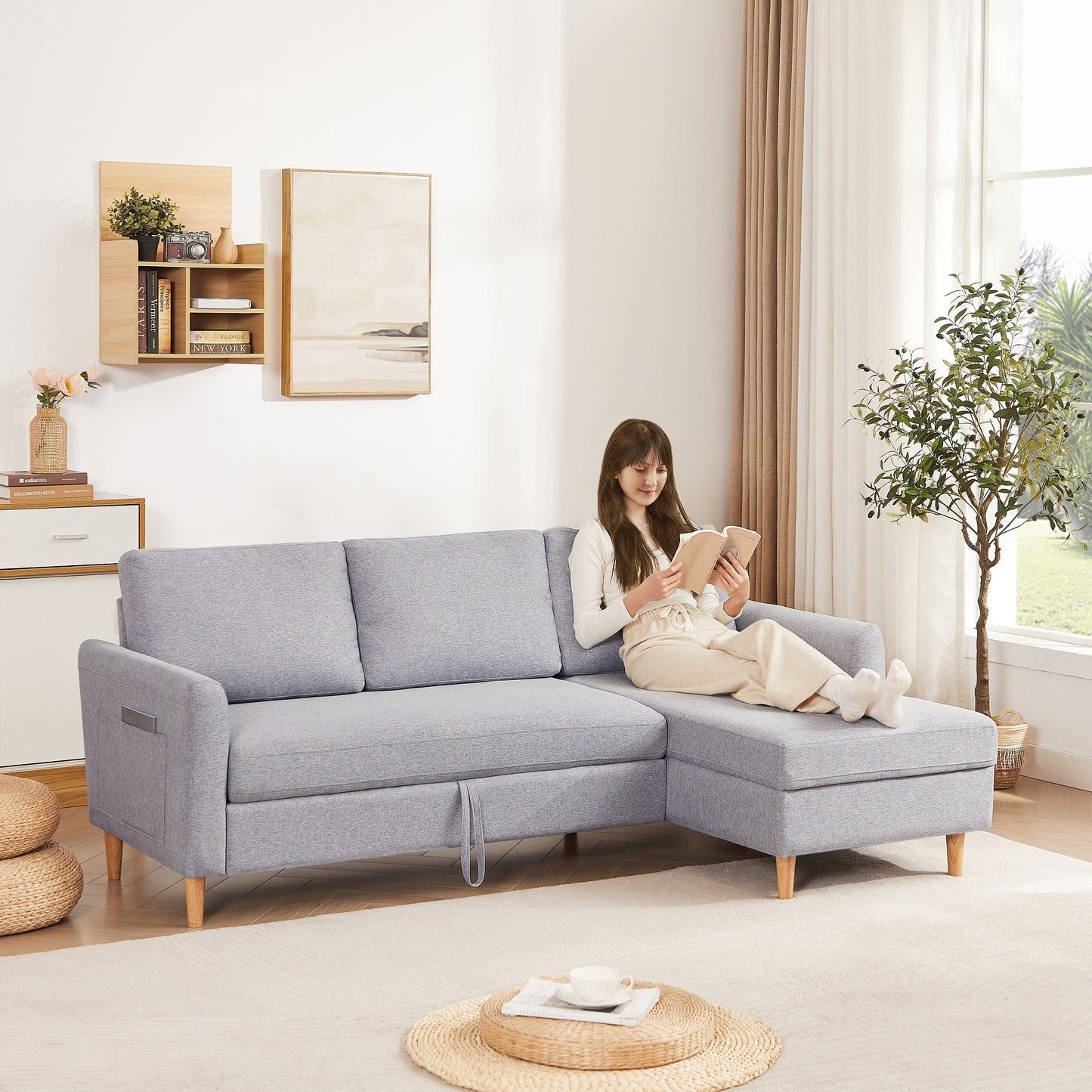Grey 28.35'' Adjustable Fabric 3-Seater Sleeper Sofa with Pull-Out Bed, Chaise, and Armrest Storage Pockets