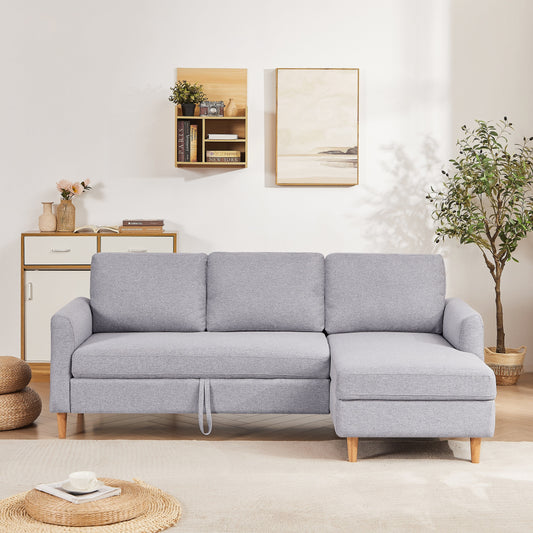 Grey 28.35'' Adjustable Fabric 3-Seater Sleeper Sofa with Pull-Out Bed, Chaise, and Armrest Storage Pockets