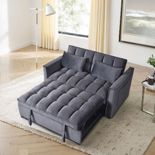 Grey 3-in-1 Velvet Convertible Sofa Bed, Pullout Couch with Side Pockets, Made in Vietnam
