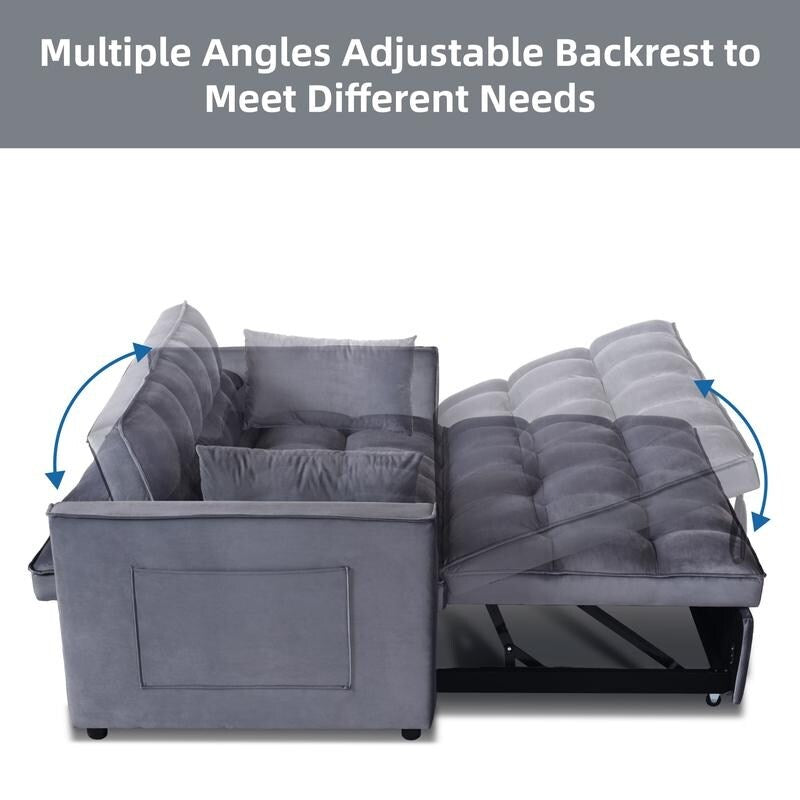 Grey 3-in-1 Velvet Convertible Sofa Bed, Pullout Couch with Side Pockets, Made in Vietnam