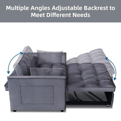 Grey 3-in-1 Velvet Convertible Sofa Bed, Pullout Couch with Side Pockets, Made in Vietnam