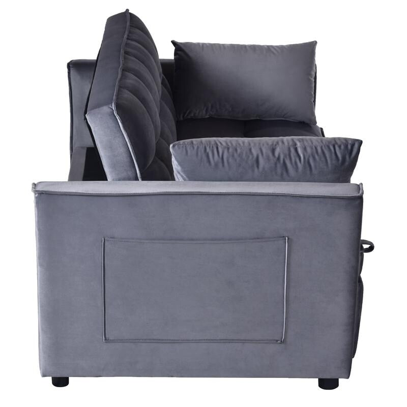 Grey 3-in-1 Velvet Convertible Sofa Bed, Pullout Couch with Side Pockets, Made in Vietnam