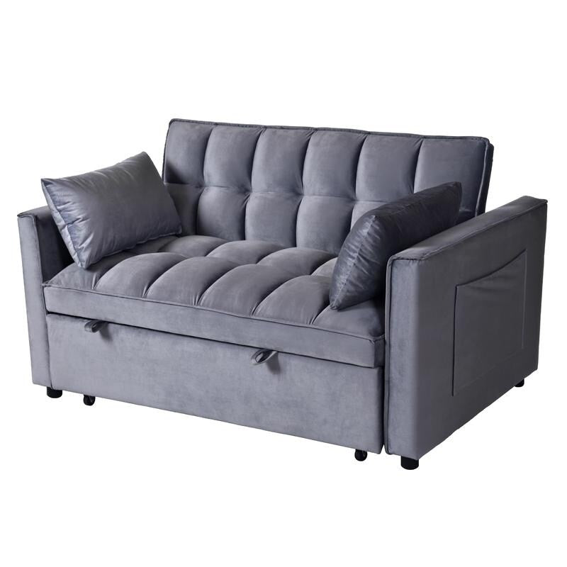Grey 3-in-1 Velvet Convertible Sofa Bed, Pullout Couch with Side Pockets, Made in Vietnam
