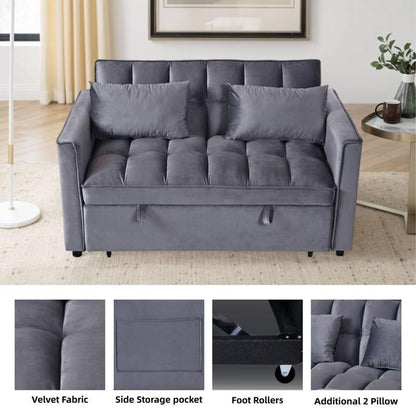 Grey 3-in-1 Velvet Convertible Sofa Bed, Pullout Couch with Side Pockets, Made in Vietnam
