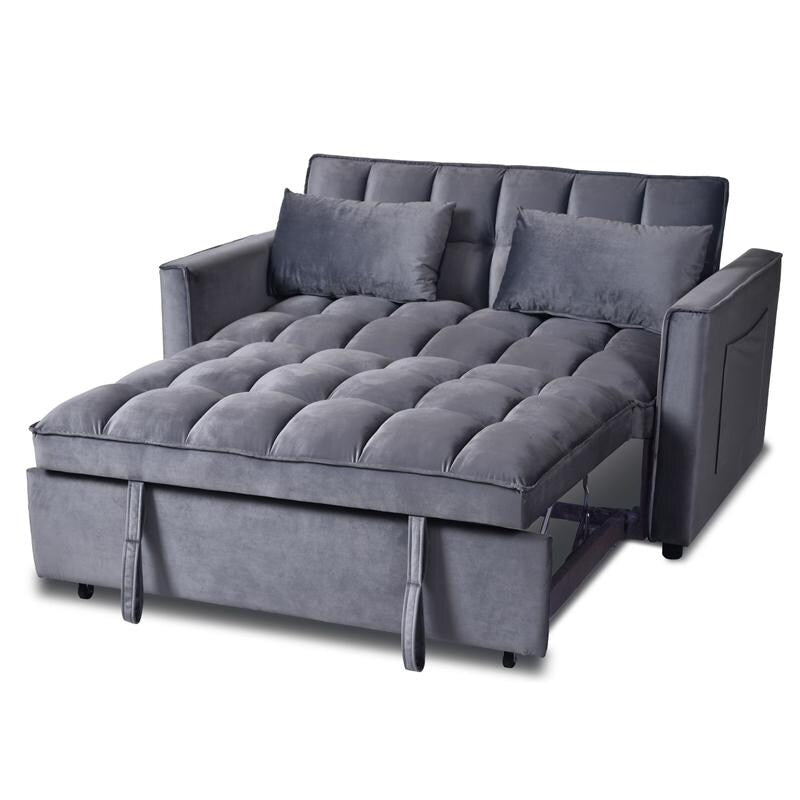 Grey 3-in-1 Velvet Convertible Sofa Bed, Pullout Couch with Side Pockets, Made in Vietnam