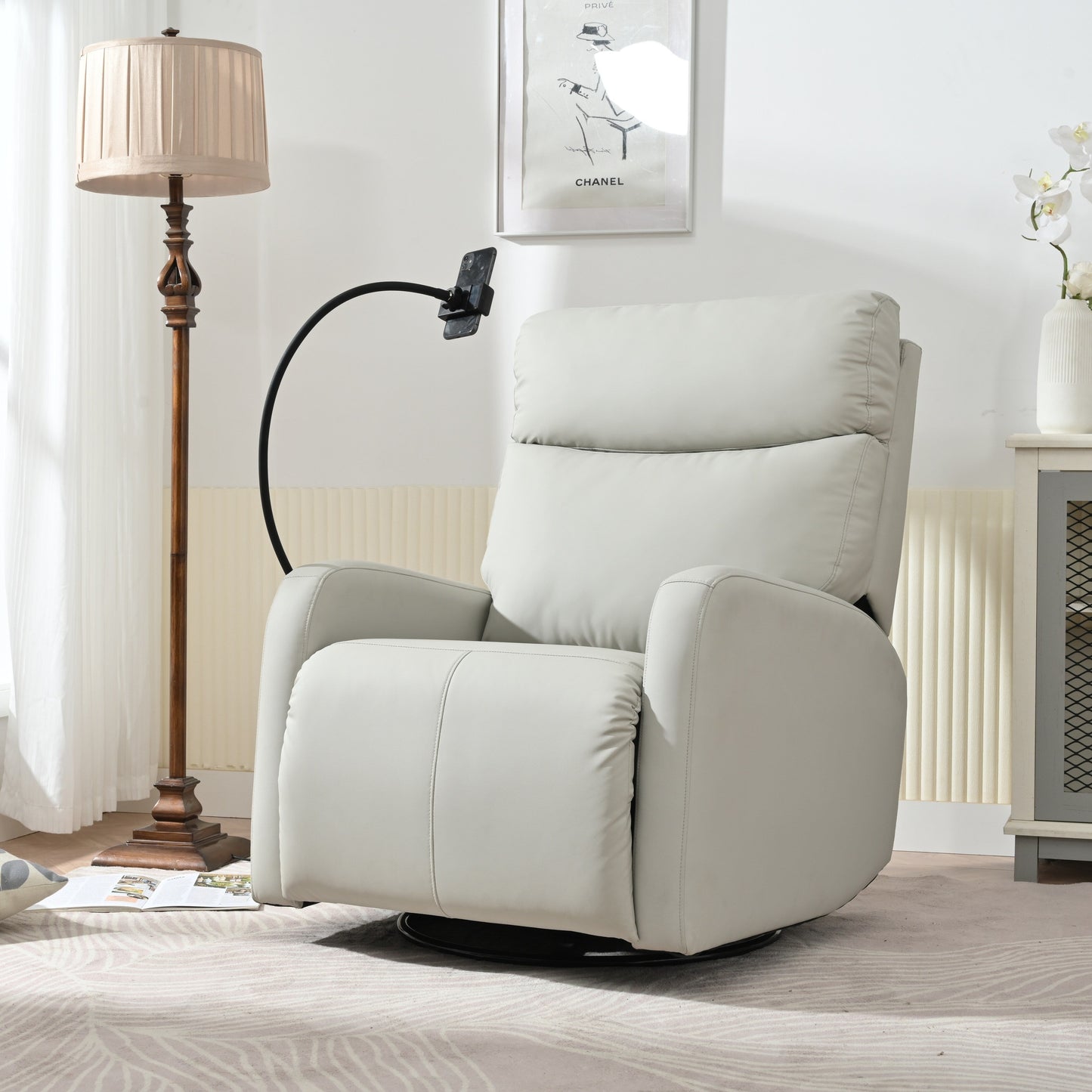 Grey 360° Swivel Rocking Recliner with Adjustable Footrest, Padded Comfort, and Phone Holder