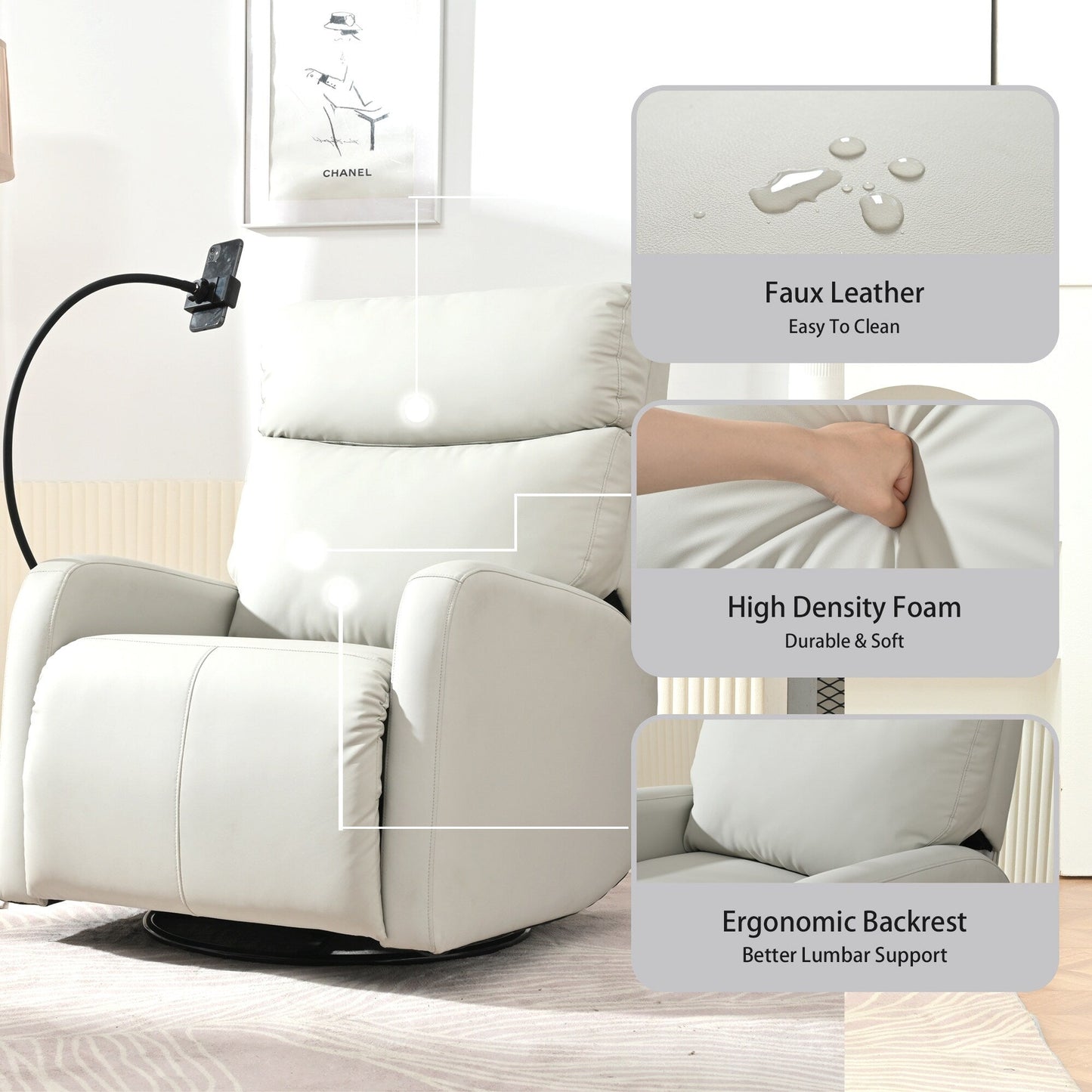 Grey 360° Swivel Rocking Recliner with Adjustable Footrest, Padded Comfort, and Phone Holder
