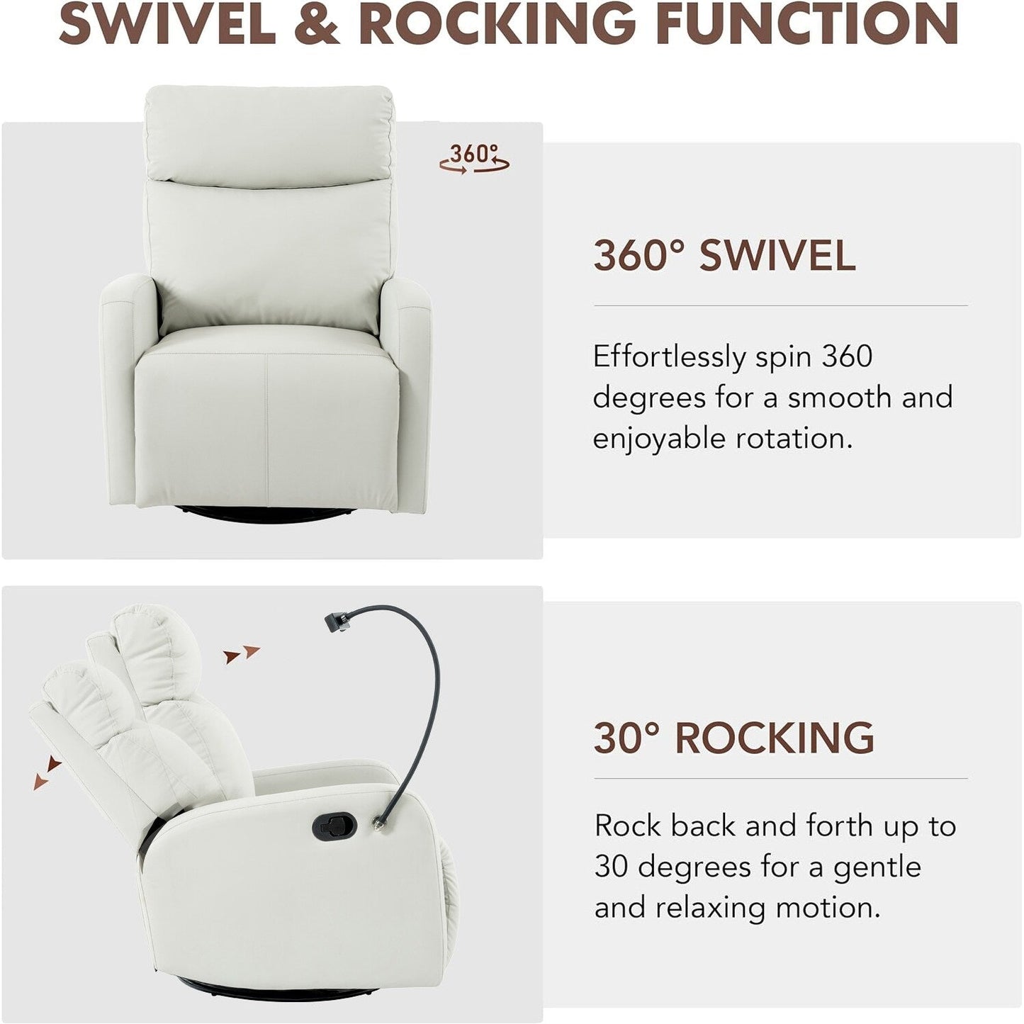 Grey 360° Swivel Rocking Recliner with Adjustable Footrest, Soft Padded Comfort, and Phone Holder