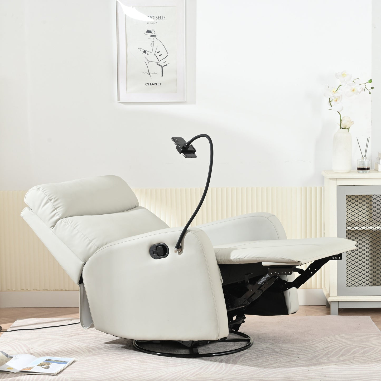 Grey 360° Swivel Rocking Recliner with Adjustable Footrest, Soft Padded Comfort, and Phone Holder