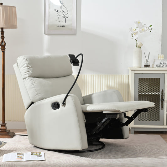 Grey 360° Swivel Rocking Recliner with Adjustable Footrest, Soft Padded Comfort, and Phone Holder