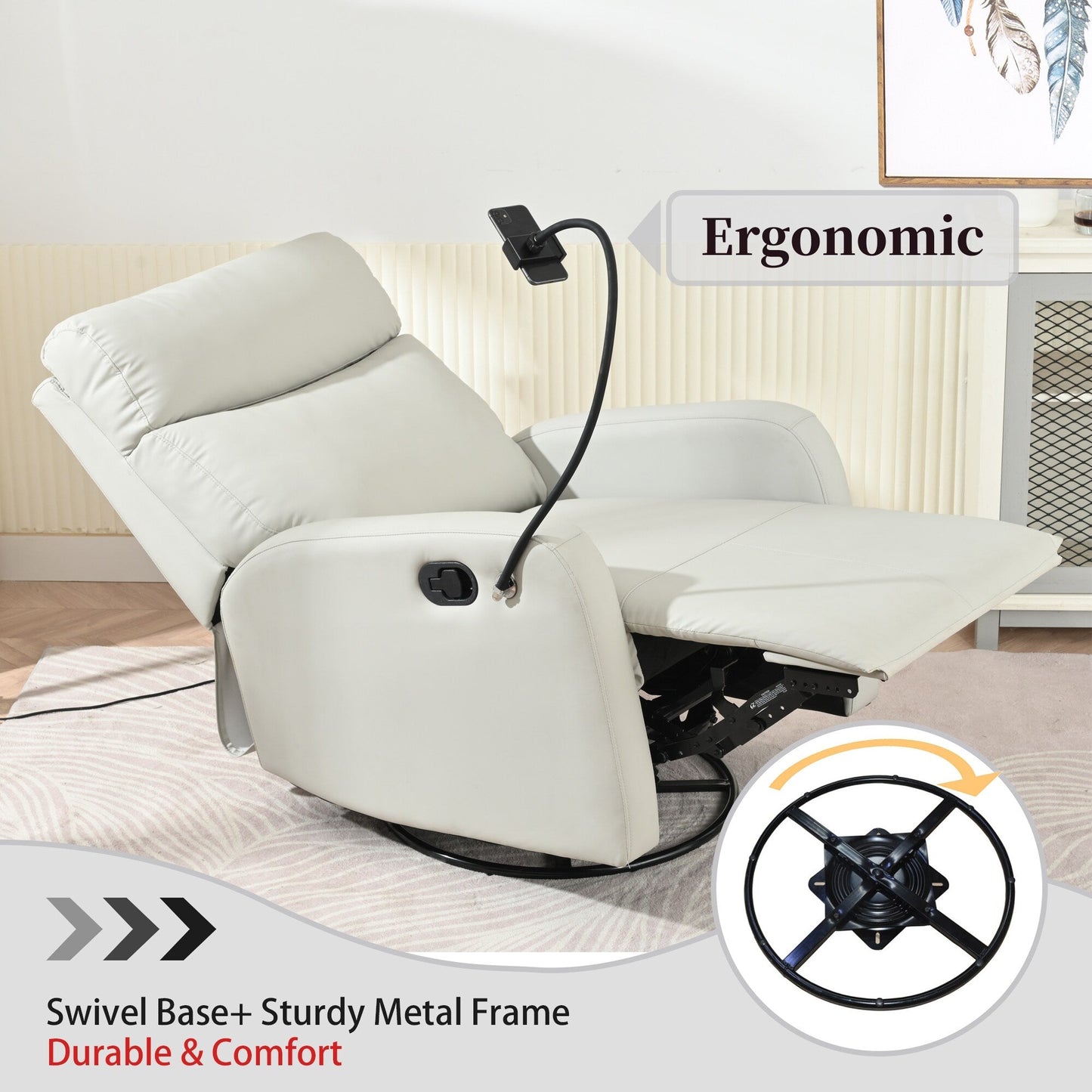 Grey 360° Swivel Rocking Recliner with Adjustable Footrest, Soft Padded Comfort, and Phone Holder