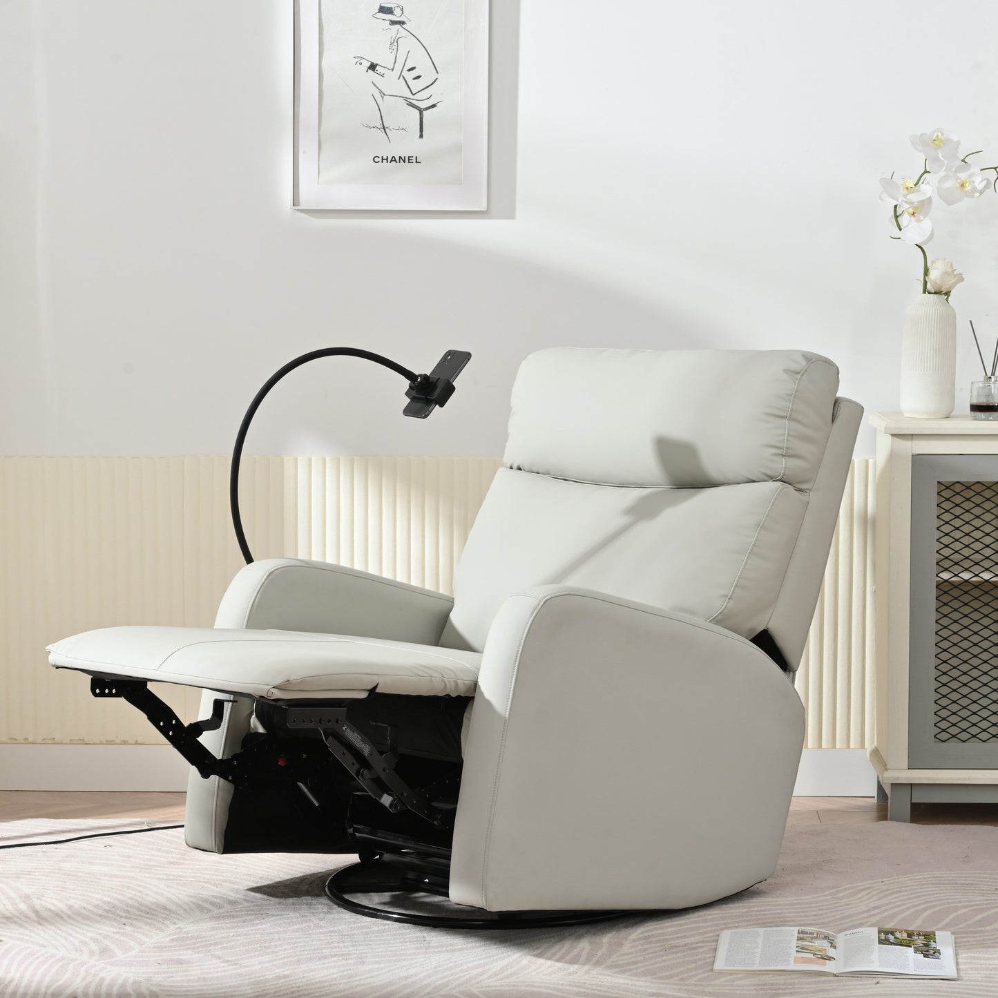 Grey 360Â° Swivel Rocking Recliner with Phone Holder, Footrest, Adjustable Recline for Living Room & Home Theater