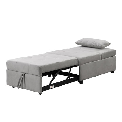 Grey 39.8 Single Folding Ottoman Sofa Bed with Adjustable Back and Pillows for Living Room