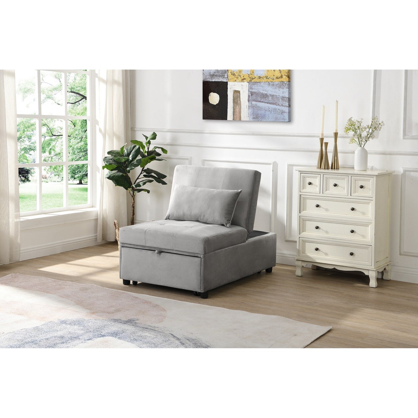 Grey 39.8 Single Folding Ottoman Sofa Bed with Adjustable Back and Pillows for Living Room