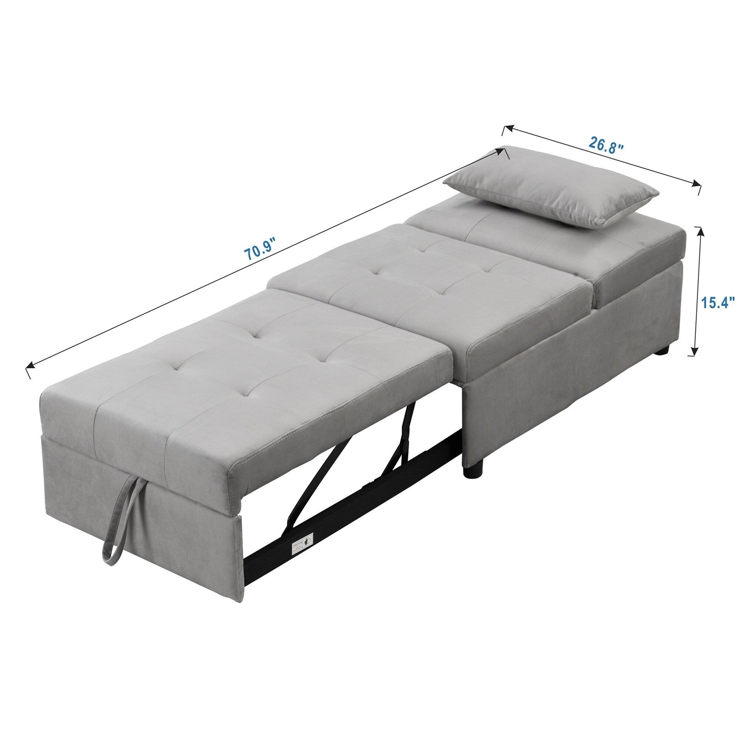 Grey 39.8 Single Folding Ottoman Sofa Bed with Adjustable Back and Pillows for Living Room
