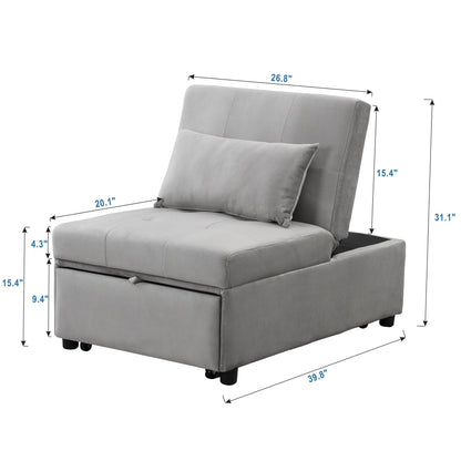 Grey 39.8 Single Folding Ottoman Sofa Bed with Adjustable Back and Pillows for Living Room