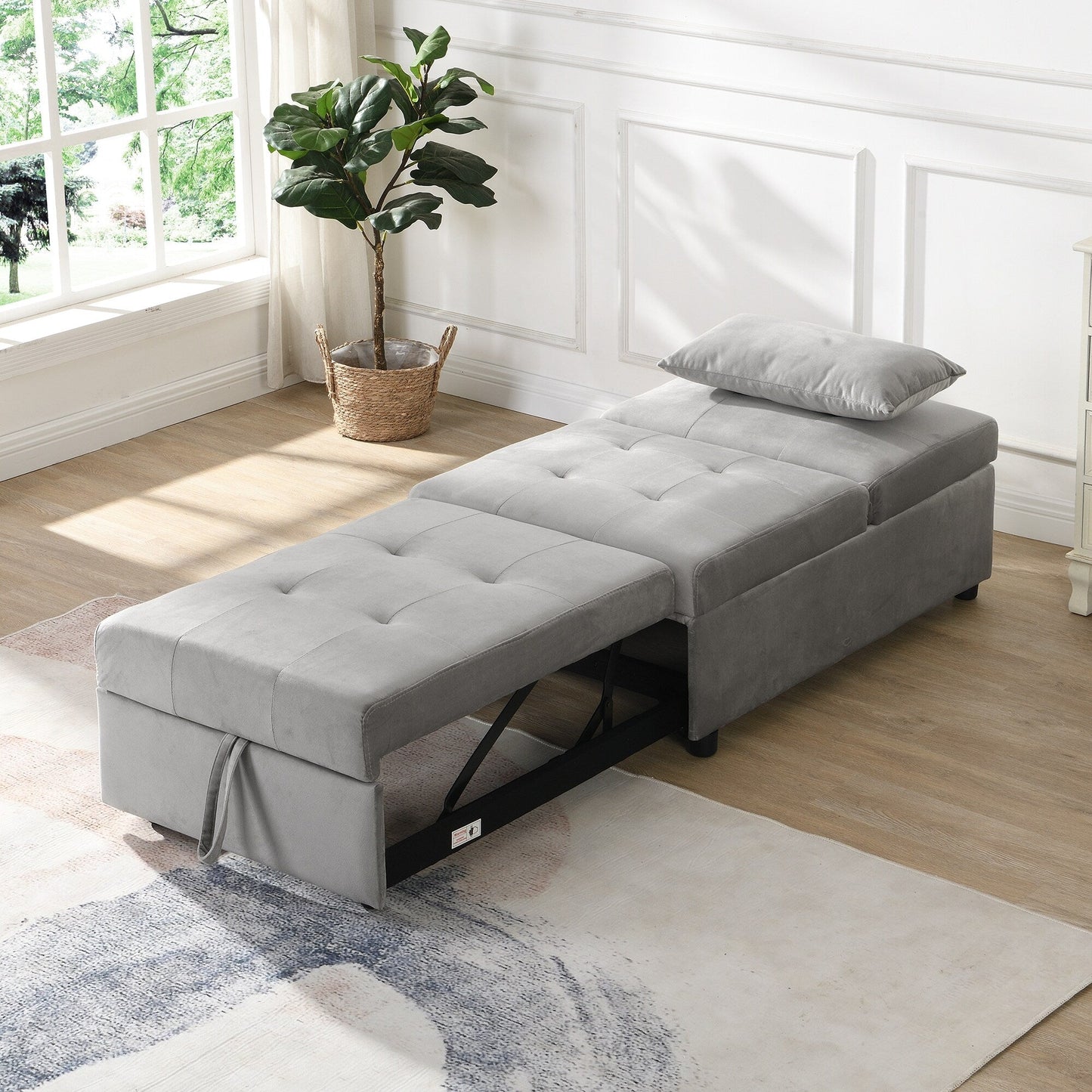 Grey 39.8 Single Folding Ottoman Sofa Bed with Adjustable Back and Pillows for Living Room