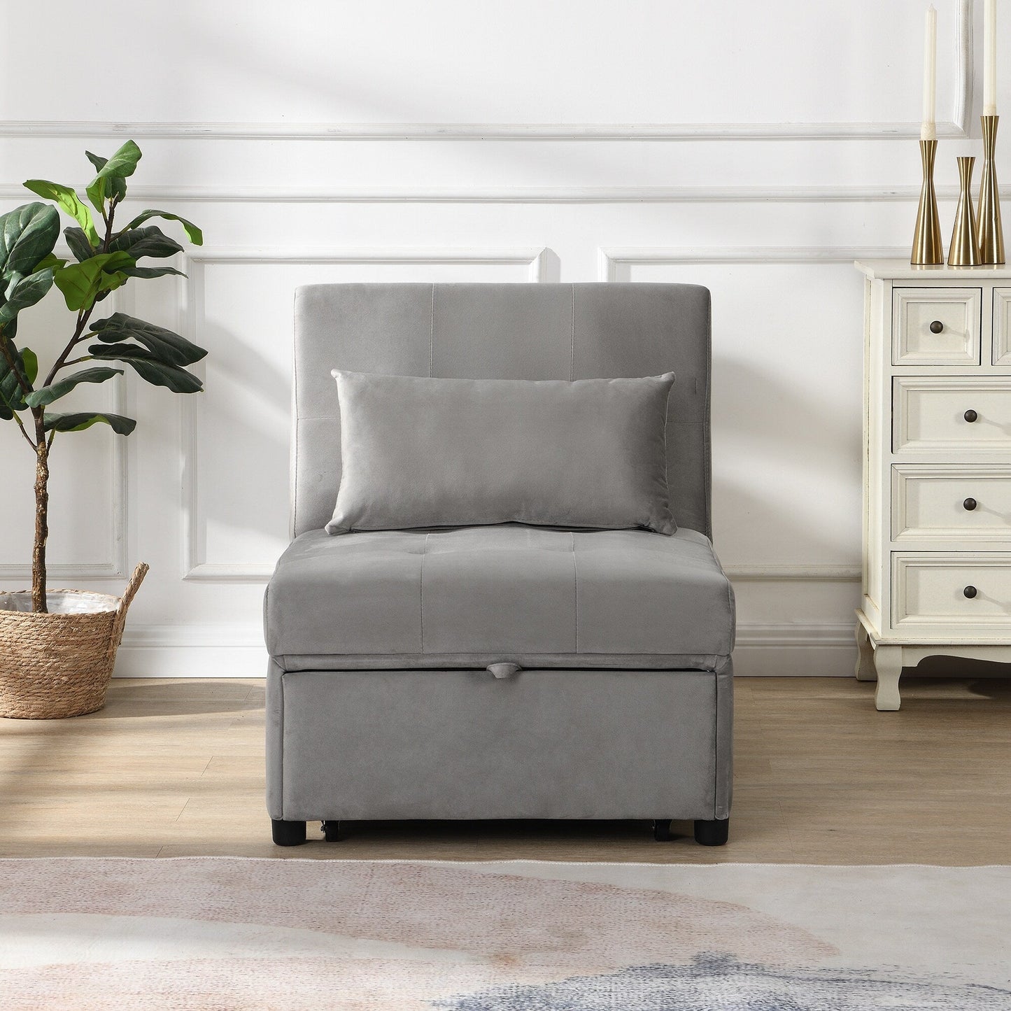 Grey 39.8 Single Folding Ottoman Sofa Bed with Adjustable Back and Pillows for Living Room