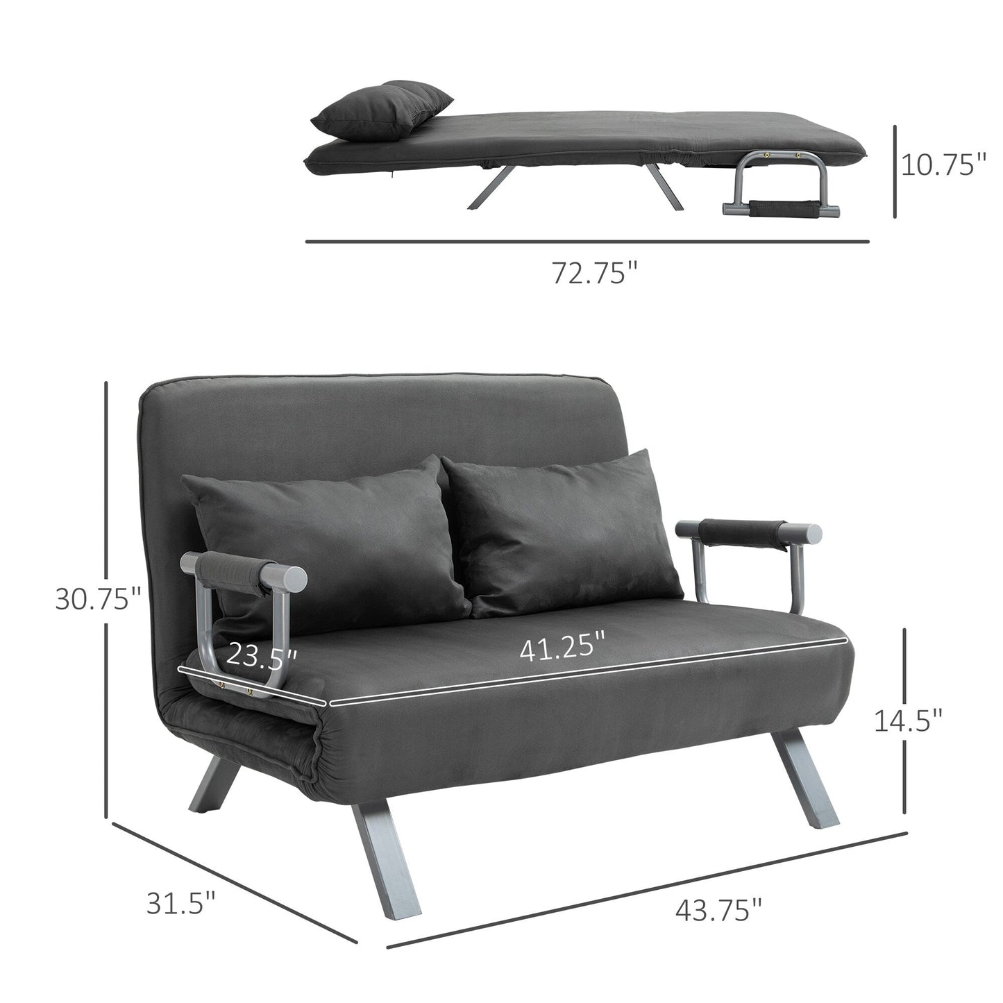 Grey 43.8 Loveseat Folding 5 Position Convertible Sofa Bed with Pillow and Steel Frame for Home Office