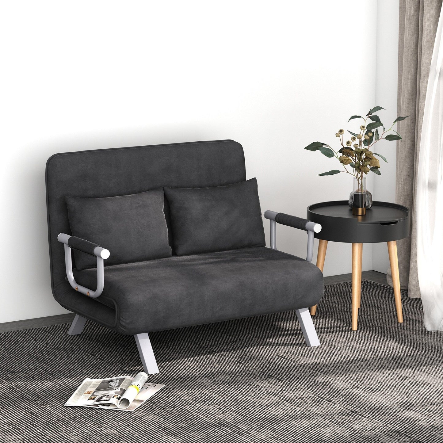 Grey 43.8 Loveseat Folding 5 Position Convertible Sofa Bed with Pillow and Steel Frame for Home Office