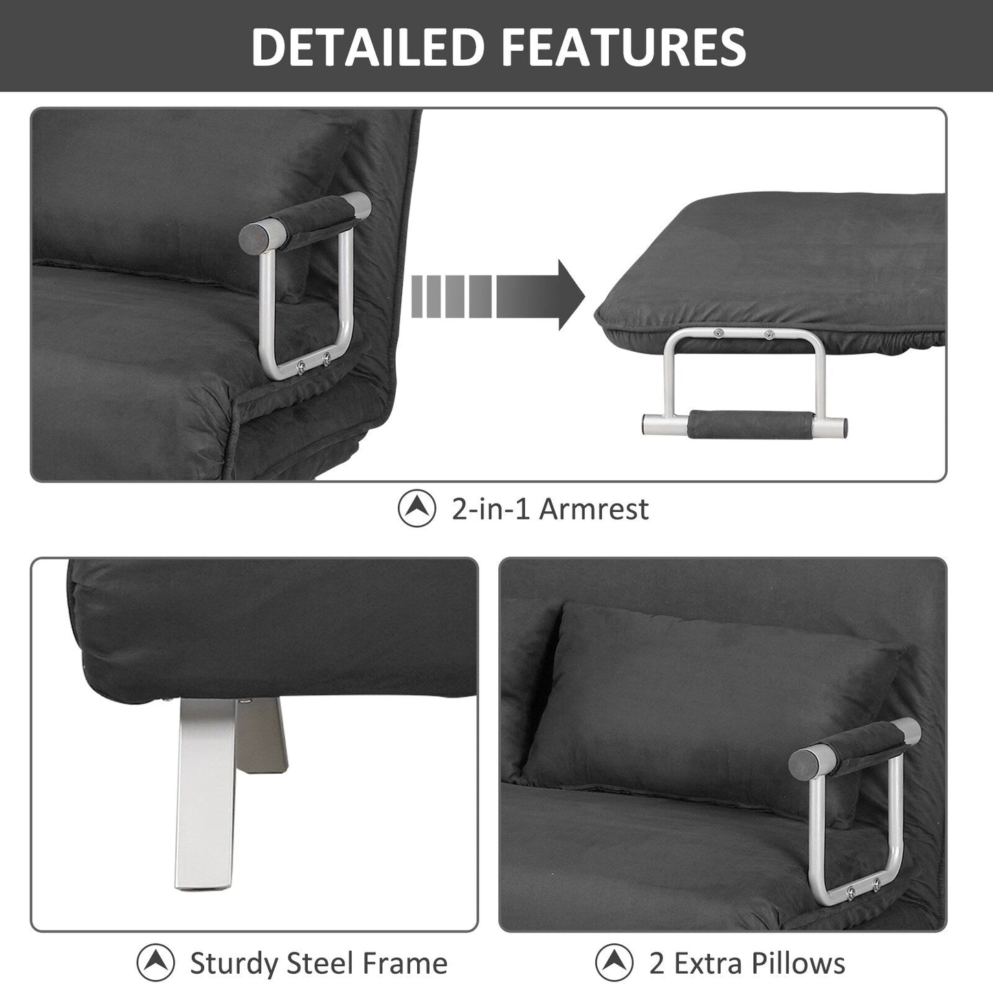 Grey 43.8 Loveseat Folding 5 Position Convertible Sofa Bed with Pillow and Steel Frame for Home Office