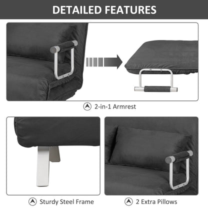 Grey 43.8 Loveseat Folding 5 Position Convertible Sofa Bed with Pillow and Steel Frame for Home Office