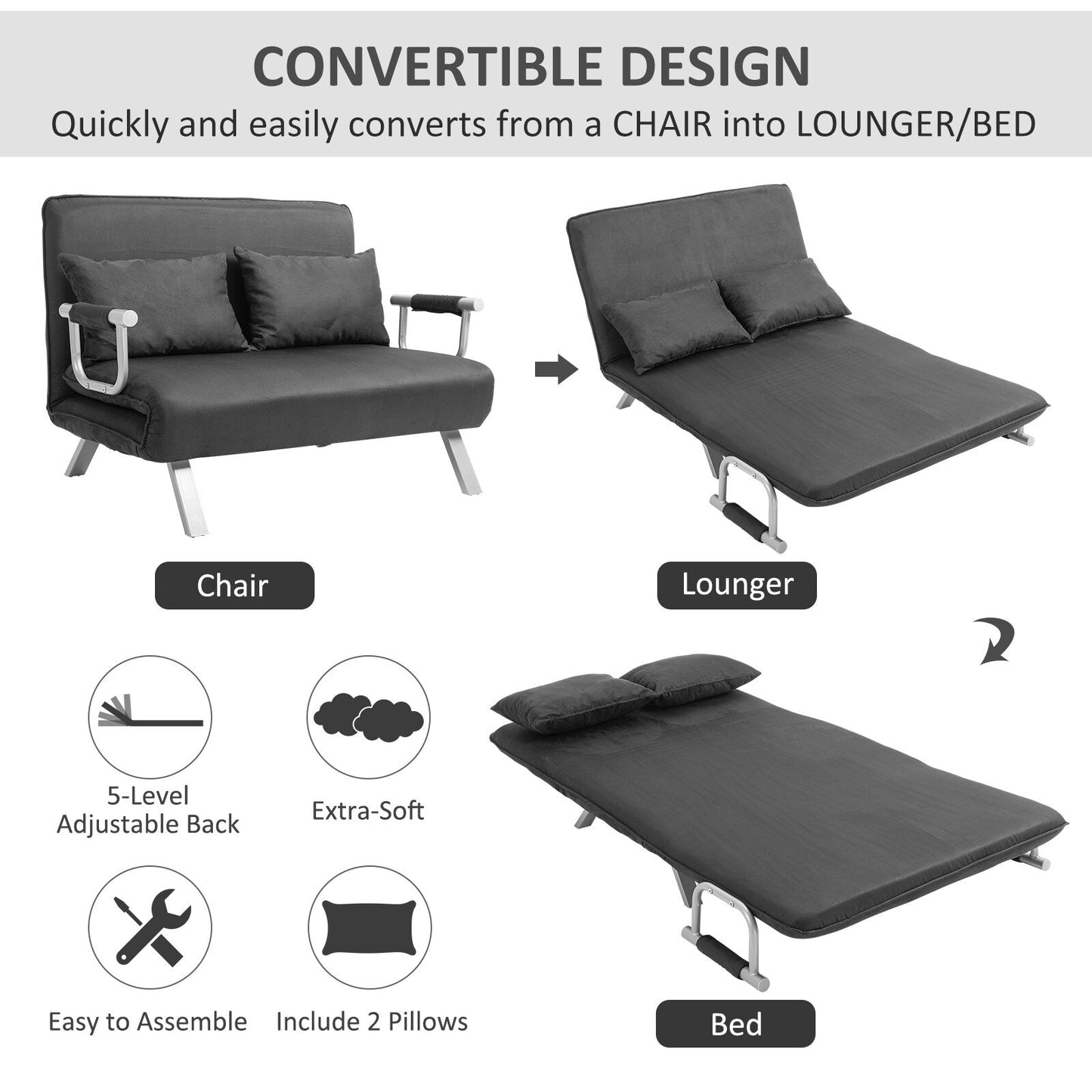 Grey 43.8 Loveseat Folding 5 Position Convertible Sofa Bed with Pillow and Steel Frame for Home Office