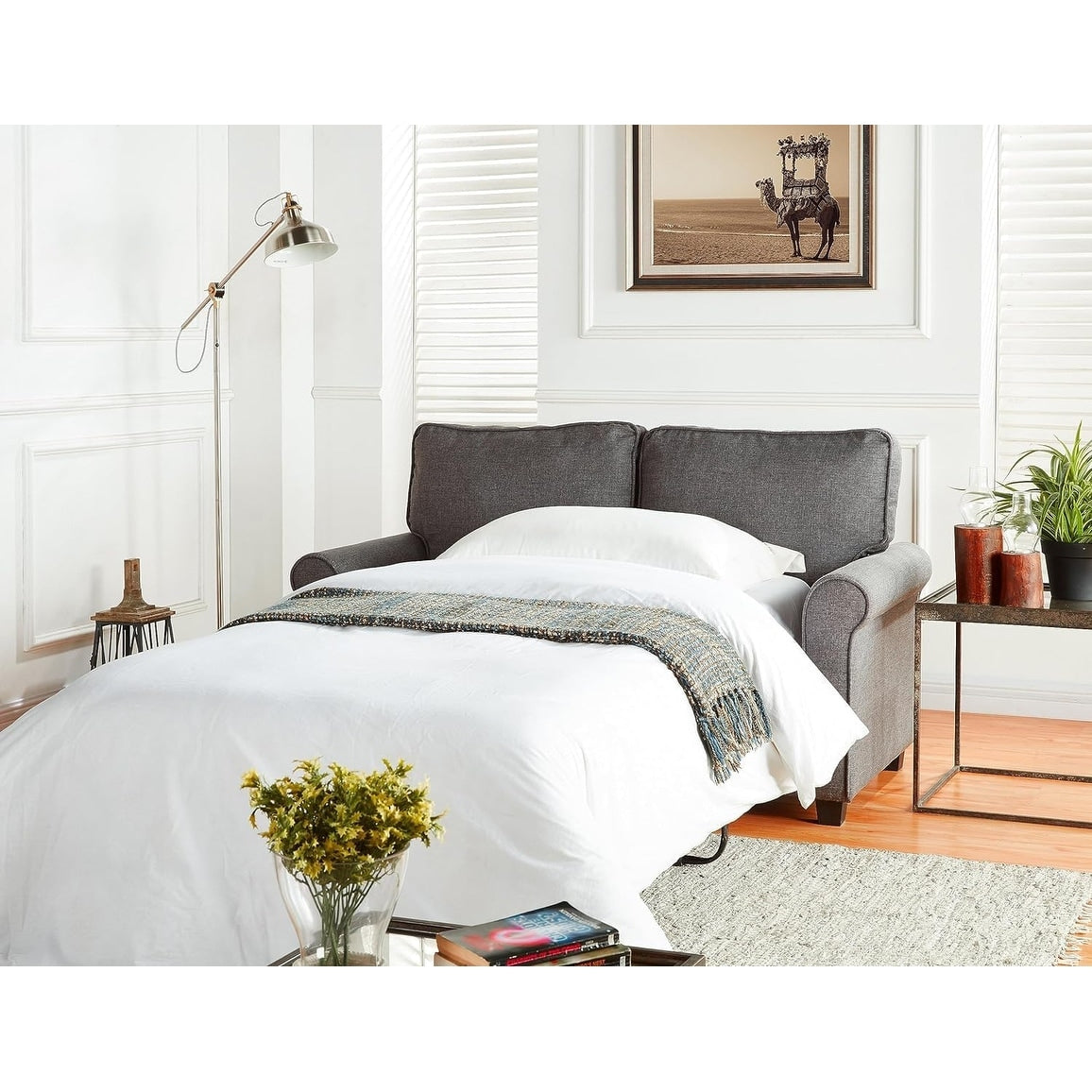 Grey 57.1 Linen Rolled Arms Loveseat Sofa Bad With Memory Foam Mattress and Plastic Legs for Living Room