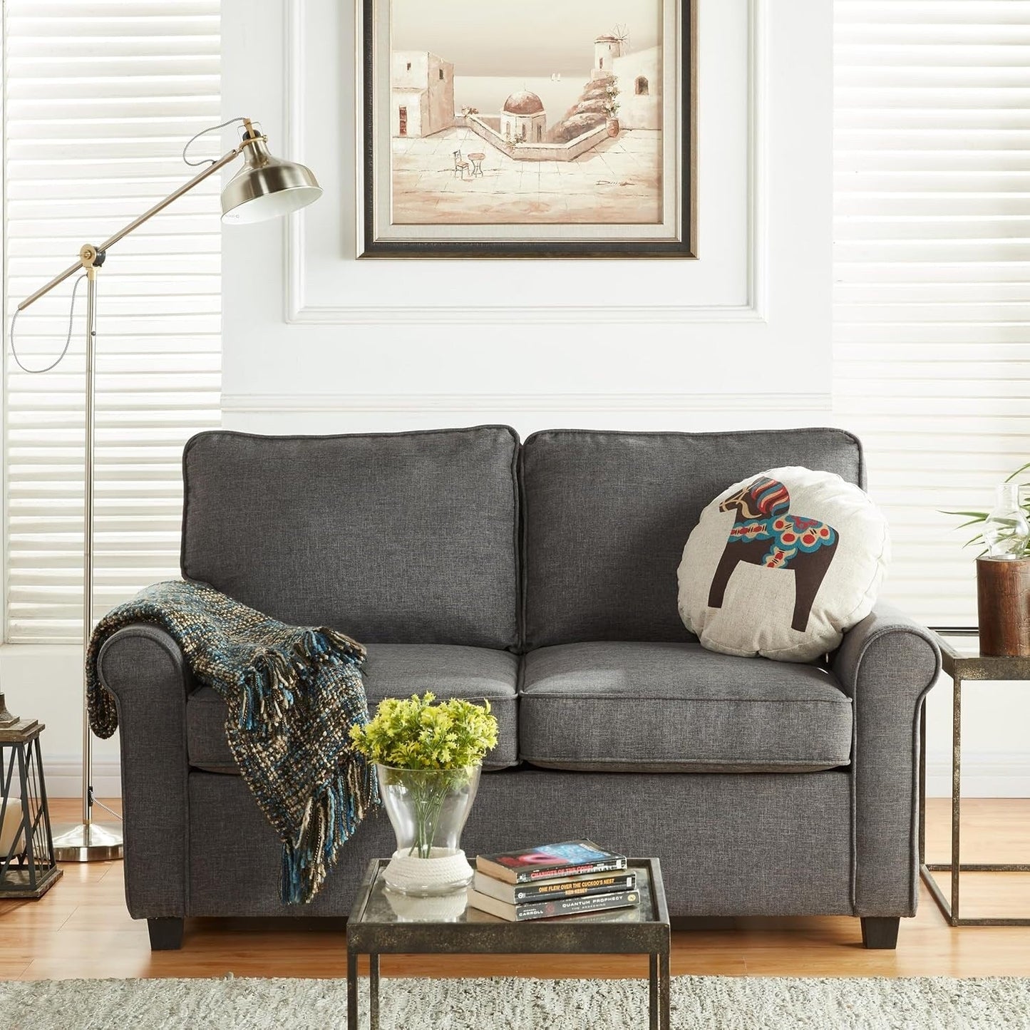 Grey 57.1 Linen Rolled Arms Loveseat Sofa Bad With Memory Foam Mattress and Plastic Legs for Living Room