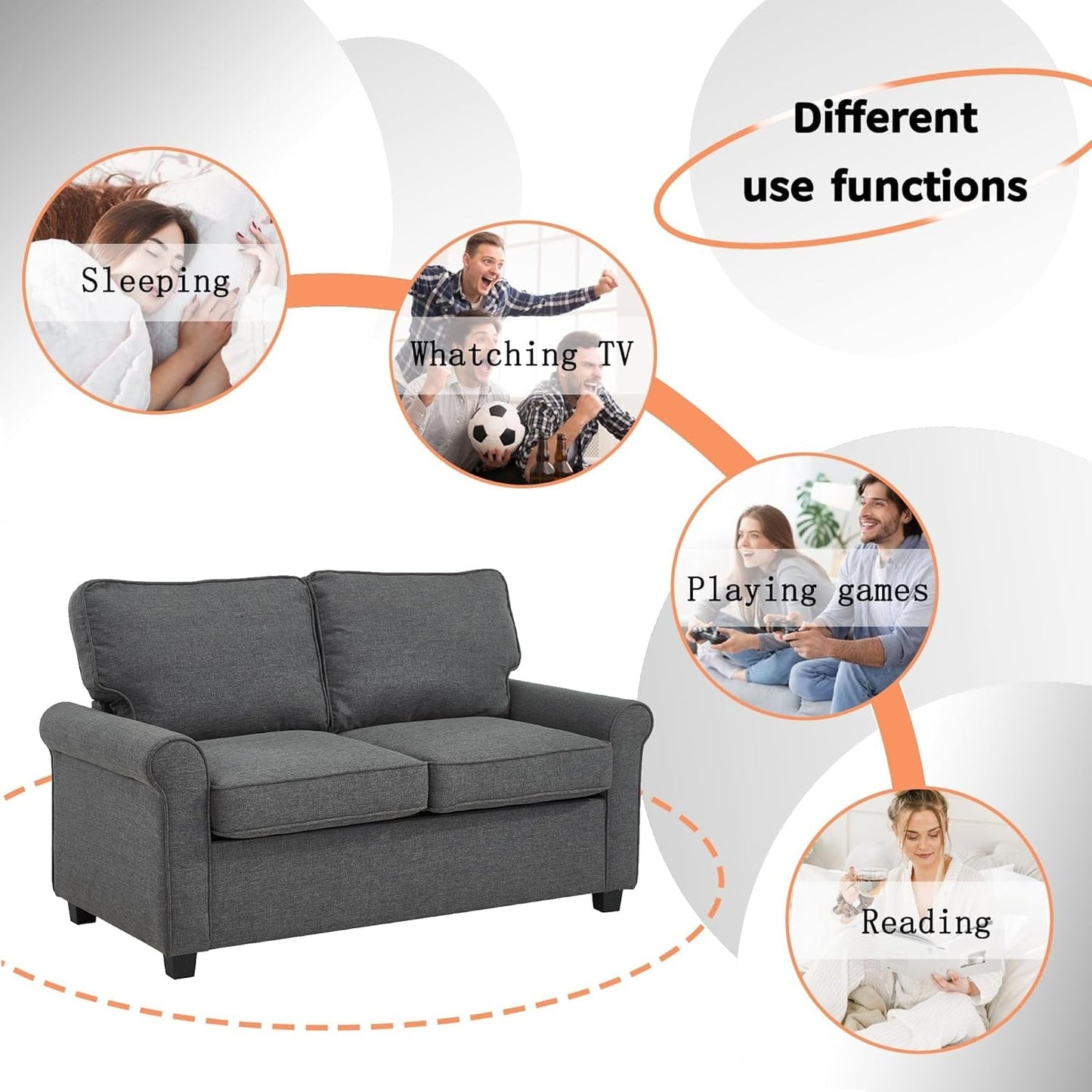 Grey 57.1 Linen Rolled Arms Loveseat Sofa Bad With Memory Foam Mattress and Plastic Legs for Living Room