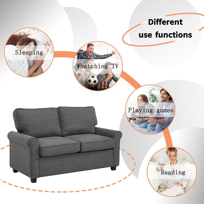 Grey 57.1 Linen Rolled Arms Loveseat Sofa Bad With Memory Foam Mattress and Plastic Legs for Living Room