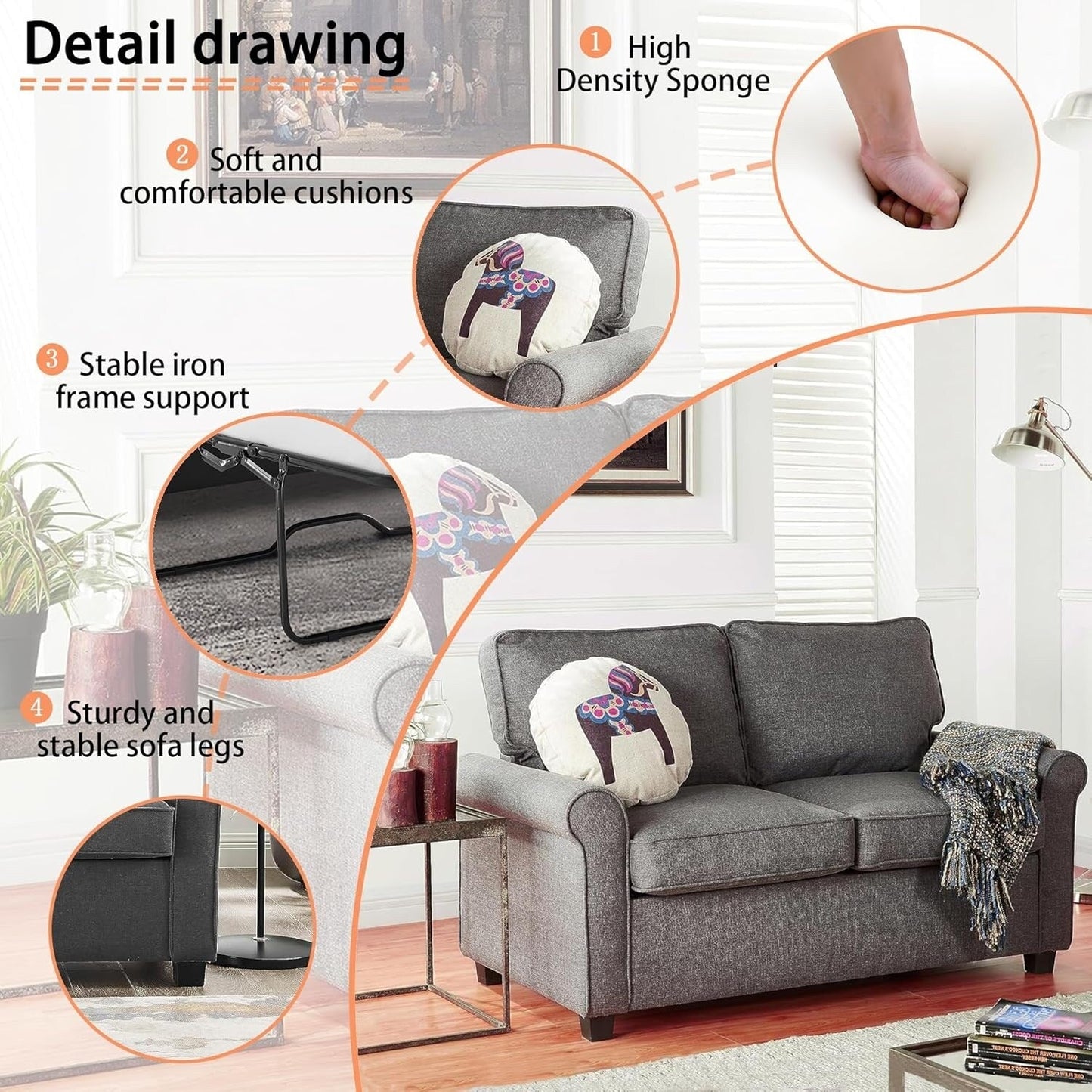 Grey 57.1 Linen Rolled Arms Loveseat Sofa Bad With Memory Foam Mattress and Plastic Legs for Living Room