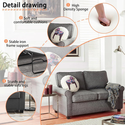 Grey 57.1 Linen Rolled Arms Loveseat Sofa Bad With Memory Foam Mattress and Plastic Legs for Living Room