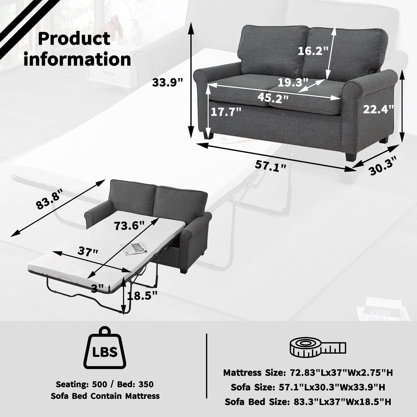 Grey 57.1 Linen Rolled Arms Loveseat Sofa Bad With Memory Foam Mattress and Plastic Legs for Living Room