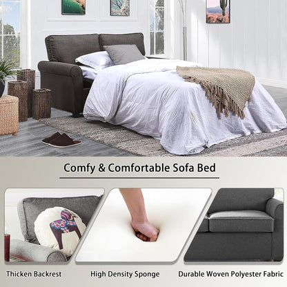 Grey 57.1 Linen Rolled Arms Loveseat Sofa Bad With Memory Foam Mattress and Plastic Legs for Living Room