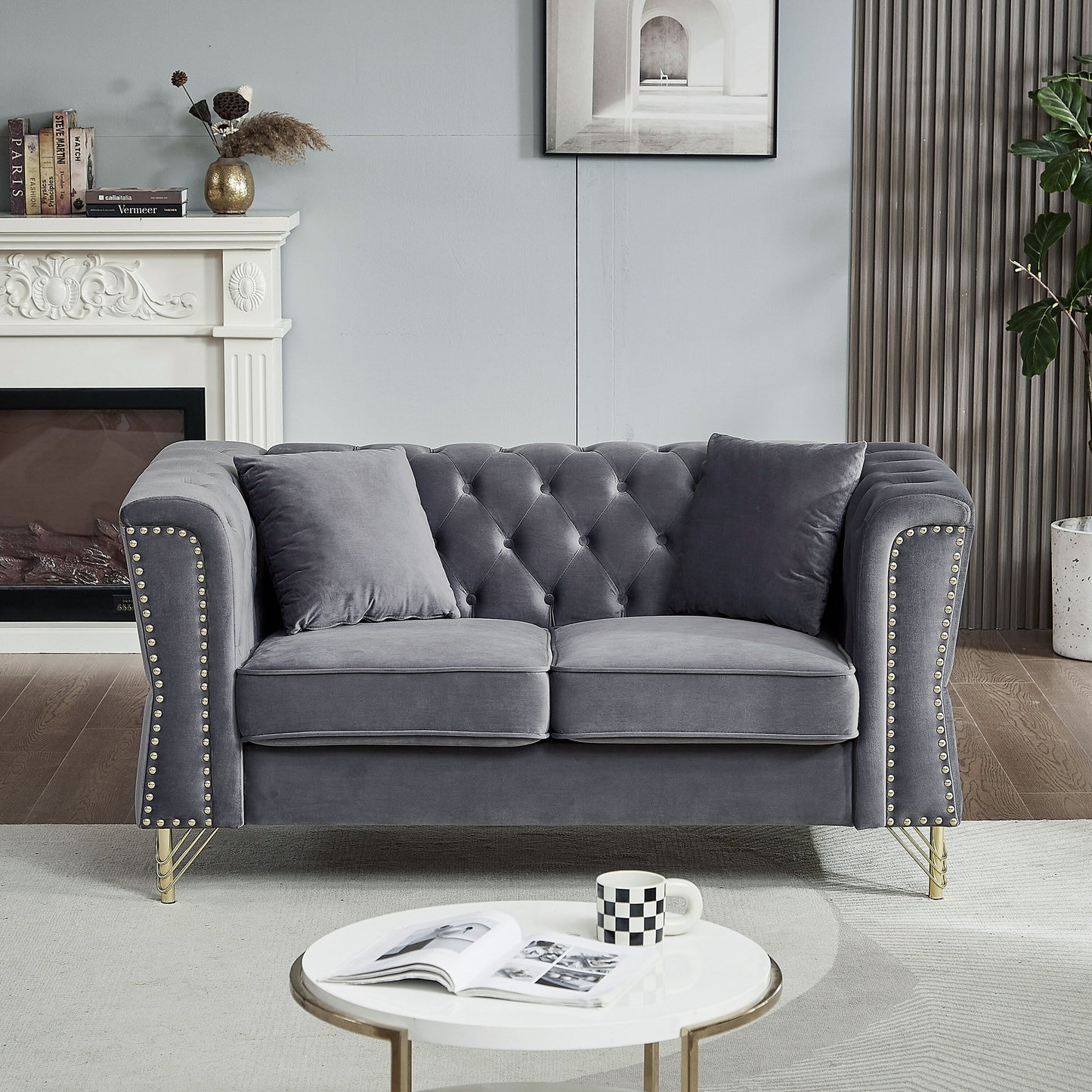 Grey 60.2 Velvet 2-Seater Sofa with Nailhead Trim