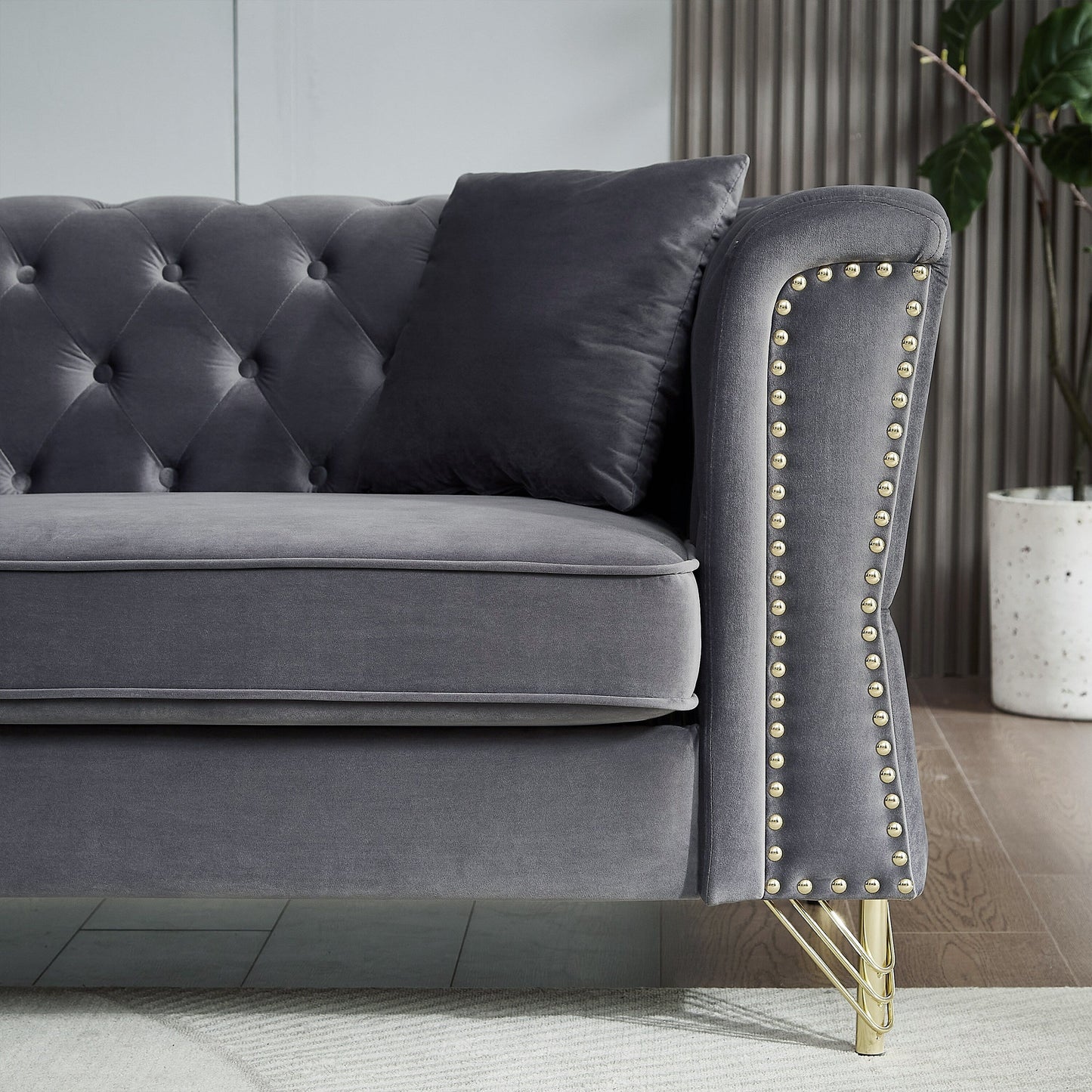 Grey 60.2 Velvet 2-Seater Sofa with Nailhead Trim