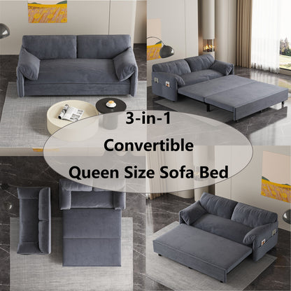 Grey 63.8 3-in-1 Velvet Loveseat Pull Out Sofa Bed with Side Storage for Living Room
