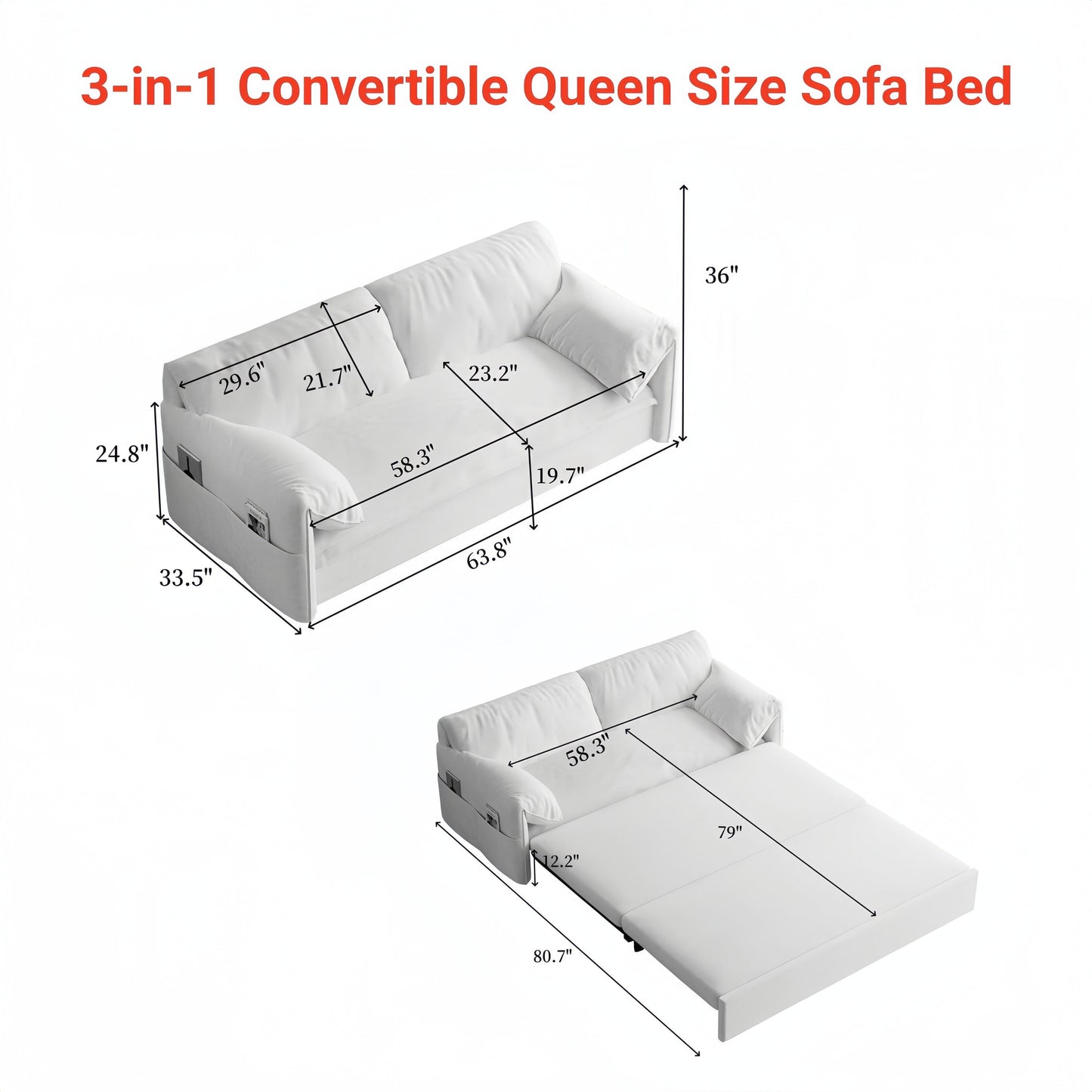 Grey 63.8 3-in-1 Velvet Loveseat Pull Out Sofa Bed with Side Storage for Living Room
