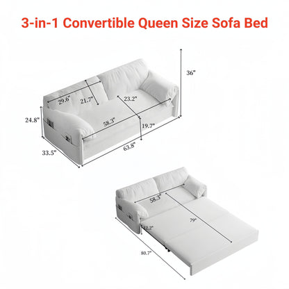 Grey 63.8 3-in-1 Velvet Loveseat Pull Out Sofa Bed with Side Storage for Living Room