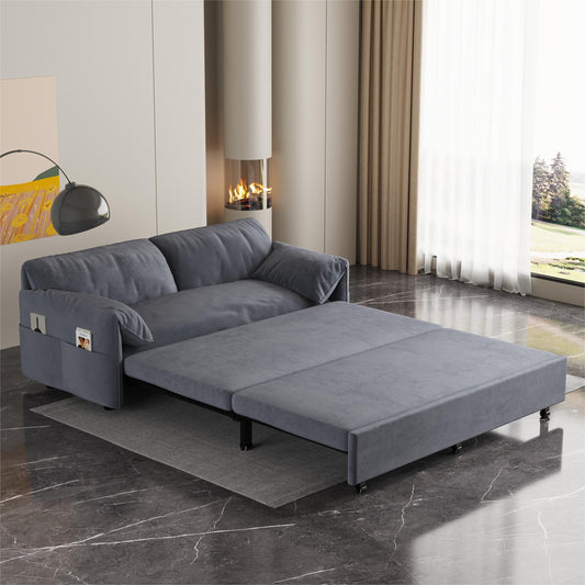 Grey 63.8 3-in-1 Velvet Loveseat Pull Out Sofa Bed with Side Storage for Living Room